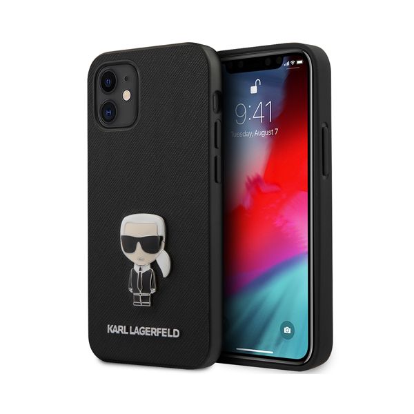 Lagerfeld чехол для iPhone 12 Mini PU Saffiano Ikonik Karl (metal) Hard (черный) KLHCP12SIKMSBK