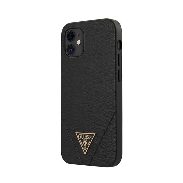 Guess чехол для iPhone 12 Mini PU Saffiano Triangle metal logo Hard (черный) GUHCP12SVSATMLBK