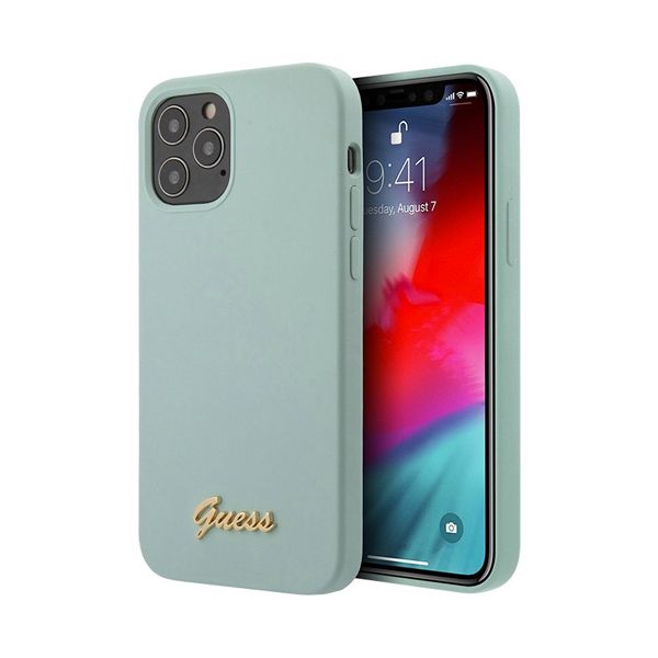 Guess чехол для iPhone 12 Mini Liquid Silicone Gold metal Logo Hard (голубой) GUHCP12SLSLMGLB