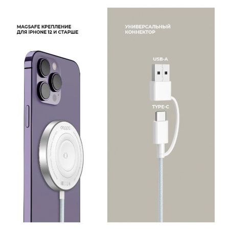 Deppa БЗУ 2 в1 QI Fast Charge 18W MagSafe (белый) 24021