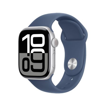 Apple Watch 10 42mm, алюминий, серебристый, спортивный синий ремешок S/M
