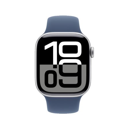 Apple Watch 10 46mm, алюминий, серебристый, спортивный синий ремешок S/M