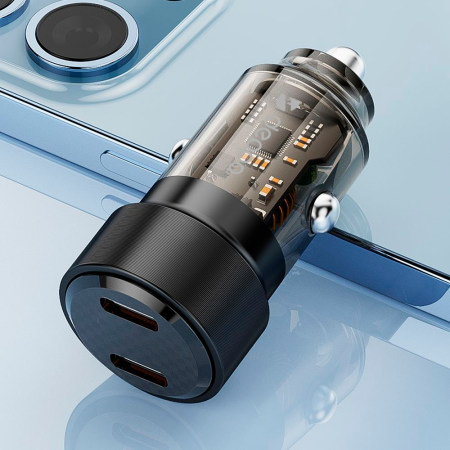 Deppa АЗУ 50W 2x Type-C (прозрачный/черный) 11219