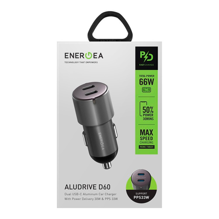 EnergEA АЗУ Alu Drive D60 66W 2x Type-C (серый) CAR-AD-D60
